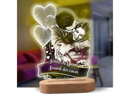 Lampe de nuit 3D personnalisée avec photo et texte sculpté sur base en bois, une lampe LED 3D, cadeau