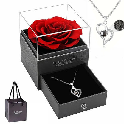 Collier en forme de cœur avec rose rouge et coffret cadeau – Cadeau pour femme, maman, épouse...