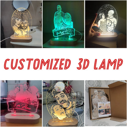 Lampe de nuit 3D personnalisée avec photo et texte sculpté sur base en bois, une lampe LED 3D, cadeau