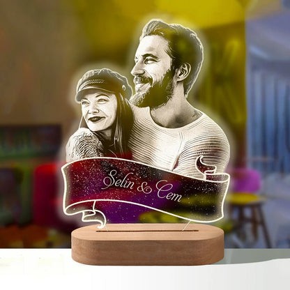 Lampe de nuit 3D personnalisée avec photo et texte sculpté sur base en bois, une lampe LED 3D, cadeau