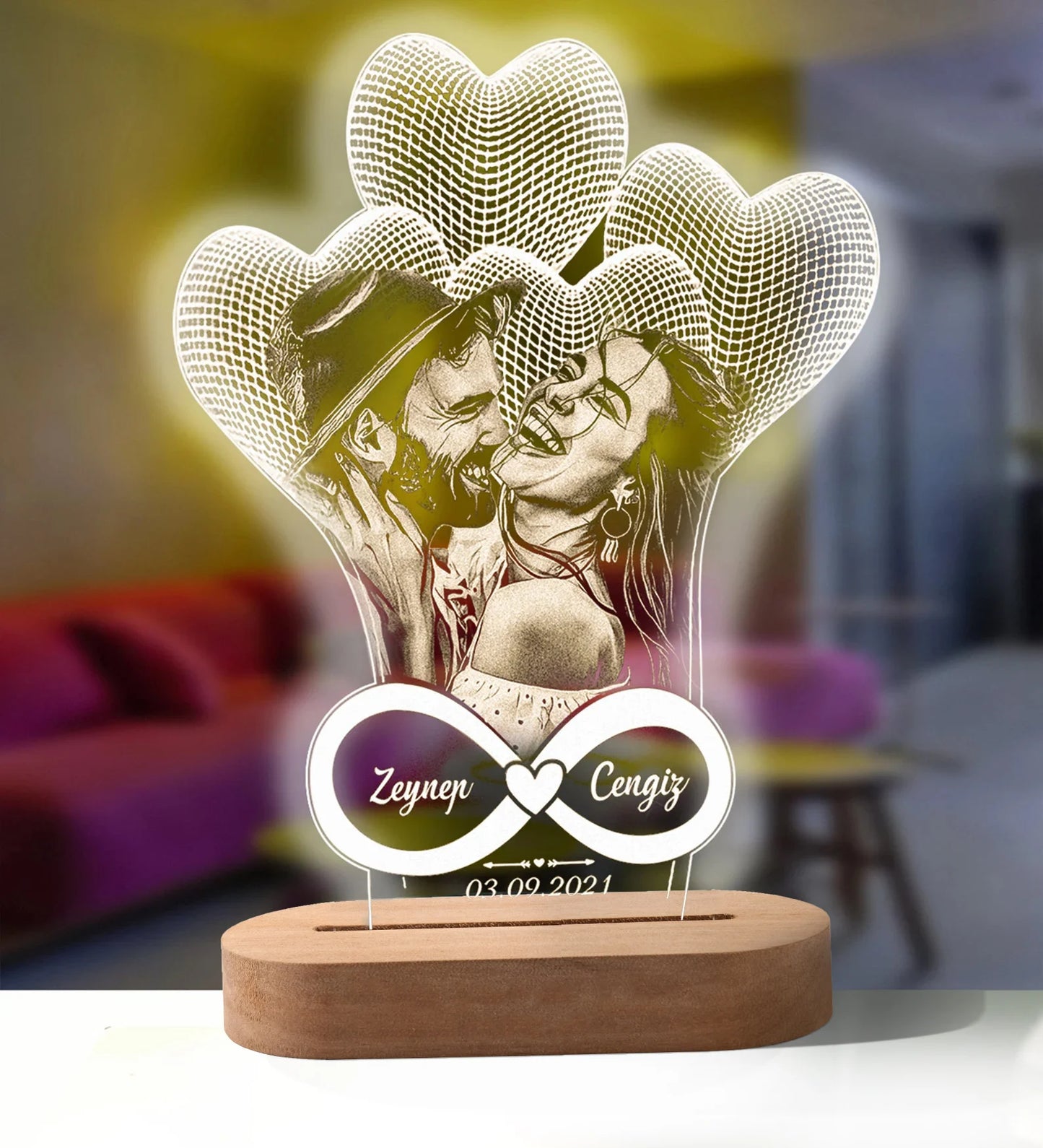 Lampe de nuit 3D personnalisée avec photo et texte sculpté sur base en bois, une lampe LED 3D, cadeau