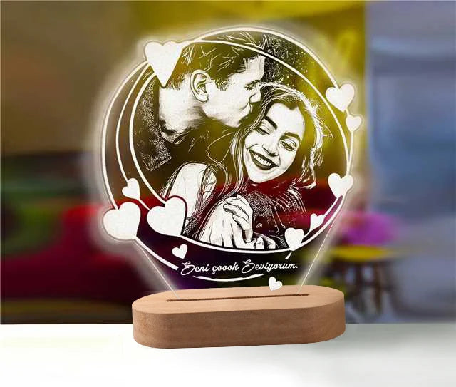 Lampe de nuit 3D personnalisée avec photo et texte sculpté sur base en bois, une lampe LED 3D, cadeau