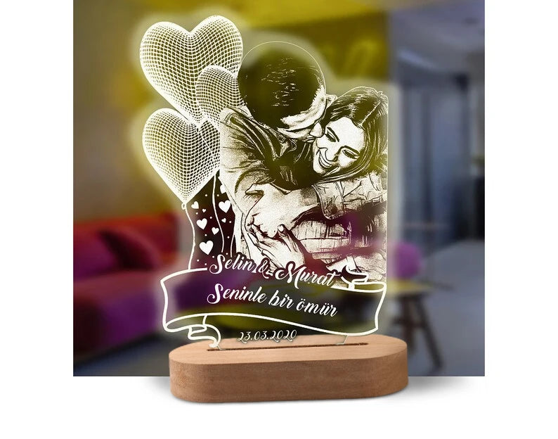 Lampe de nuit 3D personnalisée avec photo et texte sculpté sur base en bois, une lampe LED 3D, cadeau